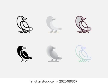 Crow icon in six style, outline, flat, color outline, glyph, flat gradient, and gradient line style. Suitable for Halloween event.