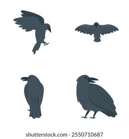 Crow icons set cartoon vector. Cute cartoon black crow. Bird, animal