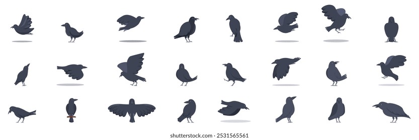 Crow icons set. Collection of cartoon crows showing different activities, creating a spooky or halloween themed design element