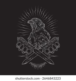 Crow illustration design with knife graphic elements. Suitable for clothing business needs or other design elements