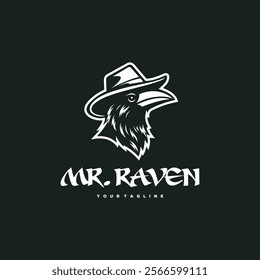 crow illustration logo wearing cowboy hat on dark background