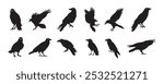 Crow isolated black silhouette set. Crows, raven halloween Dark birds icon clipart. Vector illustration