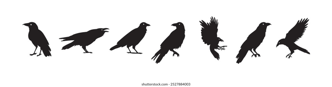 Crow isolated black silhouette set. Crows, raven halloween Dark birds icon clipart. Vector illustration