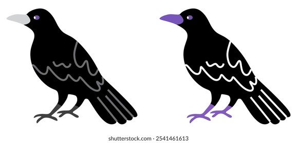 Crow isolated black silhouette set. Crows, raven halloween Dark birds icon clipart. Vector illustration