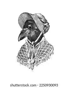 Crow lady or dame. Character in a hat. Fashionable Aristocrat. Hand drawn bird. Engraved old monochrome sketch.