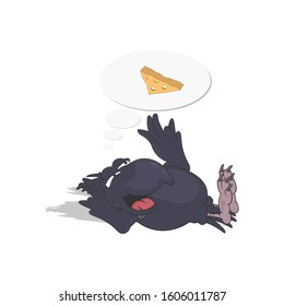 The crow lies and dreams of cheese. Cartoon vector illustration isolated on white background with shadow.
