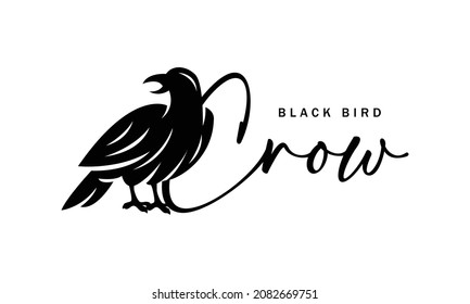 Crow Logo Design - silhouette black bird vector Illustration on white background - Creative character, icon, symbol, badge, emblem