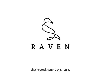 Crow logo with simple continuous line design. Raven line art vector icon