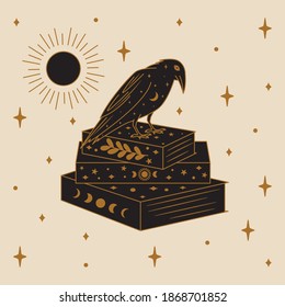 Crow And Magic Book Illustration In Vector.
