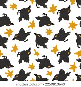 Crow, magical flying bird and star vector seamless pattern. Halloween black raven texture.