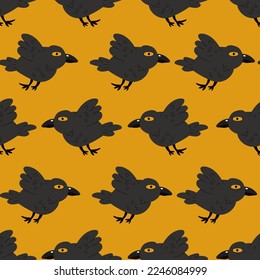 Crow, magical flying bird vector seamless pattern. Halloween black raven texture.