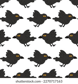 Crow, magischer, fliegender Vogel, nahtloses Muster. Halloween schwarze Rabe Textur.