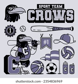 Crow Mascot and Sport Object Collection in Vintage Style