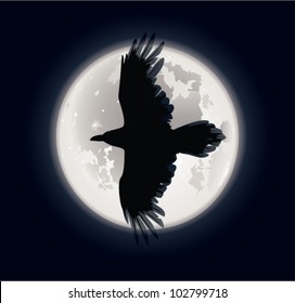 Crow and moon. The vector illustration of crow flying in the night