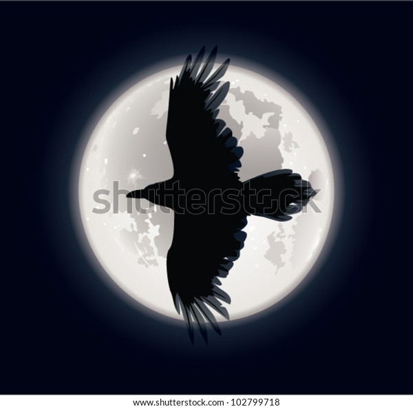 Crow and moon. The vector illustration of crow\
flying in the night