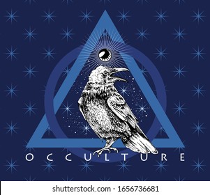 Crow and Mystic Eye Symbol on a stars blue background. Creative occulture poster, t-shirt composition, hand drawn style print. Vector illustration.