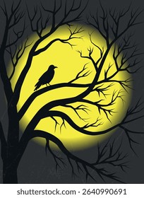 Crow on branch against full moon in dark forest