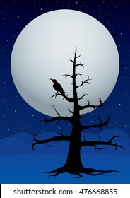 Crow on the branch of a dead tree with the full moon in the background