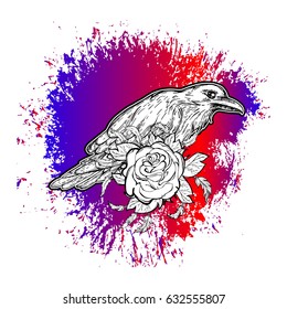 Crow on a branch with a flower. A unique tattoo. Totem animal, the bird. Symbol. Print on t shirt, cover. The grunge style. Poster. Vector illustration. Art. Coloring for adults.