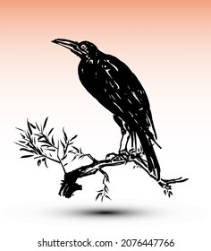 Crow on a branch. Japanese style traditional woodblock printing of ink crow on a branch in watercolor sunset sky. 