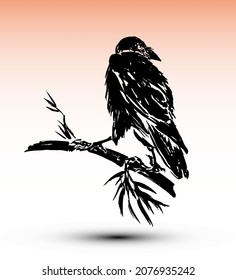 Crow on a branch. Japanese style traditional woodblock printing of ink crow on a branch in watercolor sunset sky. 
