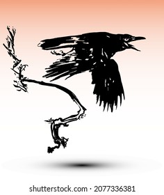 Crow on a branch. Japanese style traditional woodblock printing of ink crow on a branch in watercolor sunset sky. 