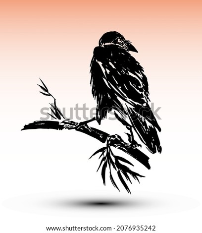 Crow on a branch. Japanese style traditional woodblock printing of ink crow on a branch in watercolor sunset sky. 
