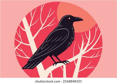 Crow on a Branch Vector illustration in Minimalist Style