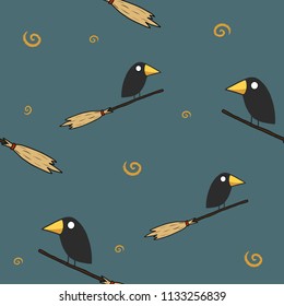 Crow on the broom seamless pattern on dark background