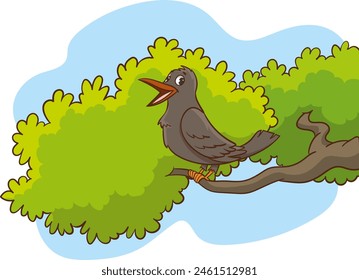 Crow on cartoon tree branch isolated on white background flat vector