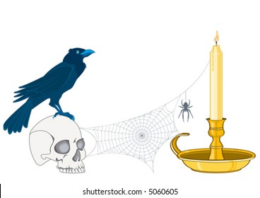 crow on a cranium with candle