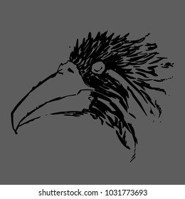 a crow on a gray background, a raven painted in ink
