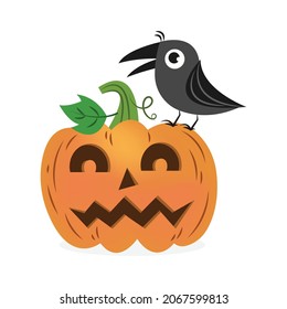 A crow on halloween pumpkin vector illustration cartoon isolated on white background. Cute halloween vector cartoon.
