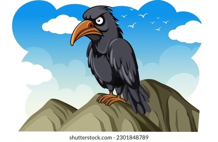 Crow on a rock mound in cartoon style illustration