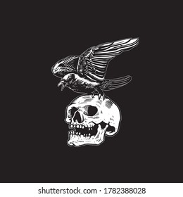 Crow on skull hand drawn vector art. 