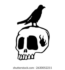 Crow on Skull Vector Illustration, Gothic Death Symbol Silhouette.