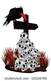 Crow on skulls