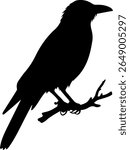 Crow on Tree Branch Silhouette Vector Black Bird Clipart on White Background