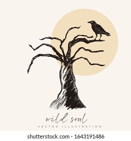 Crow on a tree occult elements illustration