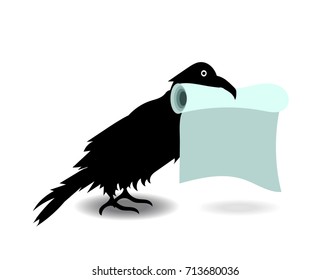 Crow with Paper Roll in the Beak. Vector illustration