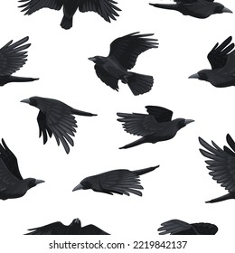 Crow-Muster. Nahtloser Druck von schwarzen fliegenden Ravenen, rook silhouette Hintergrund für die Stoffumhüllung Papier Textil-Design. Vektorgotik. Vogelcharaktere, flatternd, wild lebende Tiere