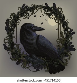 crow in patterned frame and feathers