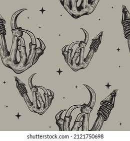 Crow paw. Scull pattern. Black magic seamless pattern. Hand engraved tattoo style illustration Spooky night gothic witchcraft