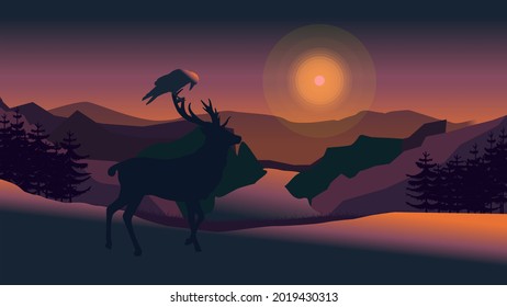 A crow perched on a deer silhouetted in the wild