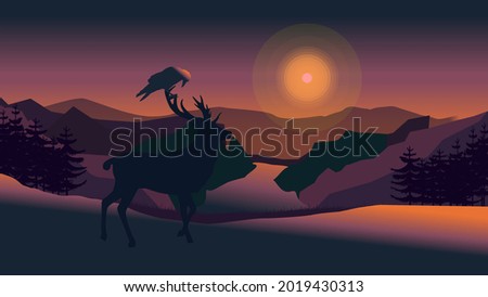 A crow perched on a deer silhouetted in the wild