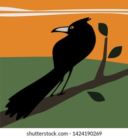 A Crow perched on some branches is looking at the horizon