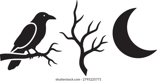 Crow perched on wood with dead plant and lunar shape, bird graphics, spooky nature backgrounds.