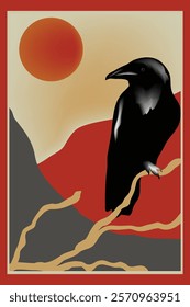 A crow perches  on a branch and looks  toward the sun in a framed illustration.