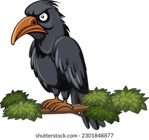 Crow perching on tree branch in cartoon style illustration