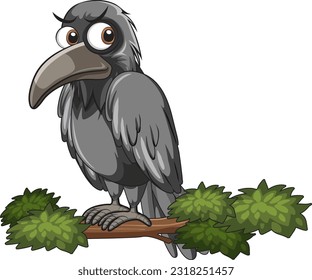 Crow perching on tree branch in cartoon style illustration
